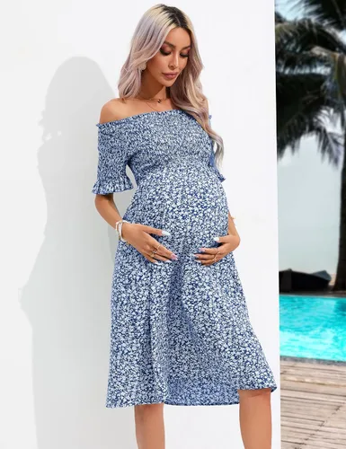 Miniatura 8 de KOJOOIN Women's Maternity Short Sleeve Summer Midi Dress Off Shoulder Smocked Spring Casual Boho Dress Baby Shower Photoshoot