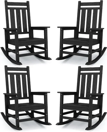 Miniatura 18 de Mecedora de exterior KINGYES, Mecedoras de patio para todo clima para porche, Sillas mecedoras de exterior de HDPE con respaldo alto para adultos