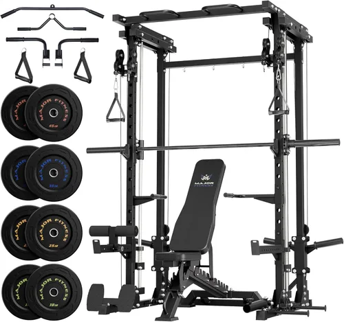 Miniatura 17 de MAJOR FITNESS Drone3 Smith Machine, 2500 libras todo en uno para gimnasio en casa con sistema de polea doble para cable cruzado, barras de dominadas