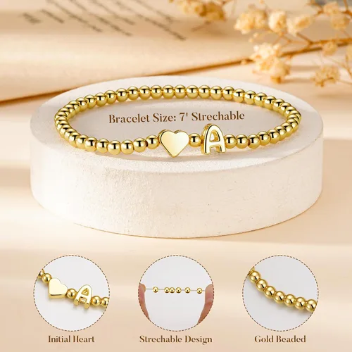 Miniatura 7 de Ursteel Pulsera de corazón con inicial para mujer, delicada, chapada en oro de 14 quilates, pulseras de cuentas para mujer, joyería de corazón