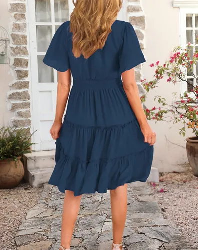 Miniatura 5 de Zattcas Vestidos de otoño de manga larga 2023 para mujer, cuello en V, cintura fruncida, casual, fluido, acampanado, vestido midi de trabajo