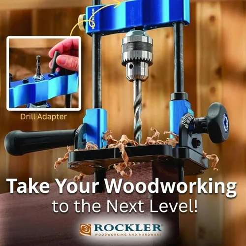 Miniatura 6 de Rockler Guía de taladro Adaptador de prensa de taladro portátil para taladro manual - Ángulo de 0 a 60 con transportador y llave de portabrocas