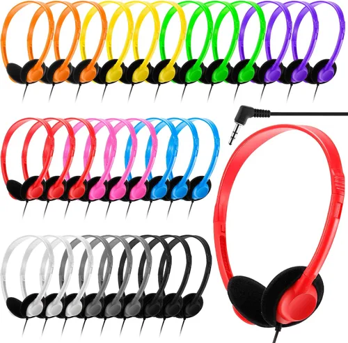 Miniatura 7 de Yunsailing Paquete de 20 auriculares a granel con diadema ajustable de 0.138 in, auriculares para programas de aprendizaje, laboratorio de Negro