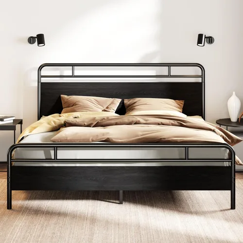 Miniatura 13 de SHA CERLIN Estructura de cama de tamaño king con cabecero y pie de cama de madera, estructura metálica de esquinas redondeadas, listones resistentes