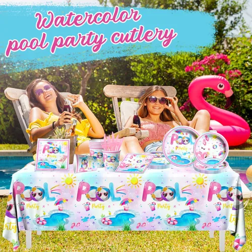 Miniatura 2 de Suministros para fiesta de piscina, 141 piezas de vajilla de cumpleaños de piscina rosa, platos para fiesta de piscina, vasos, servilletas