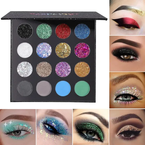 Miniatura 6 de UCANBE Paleta de Maquillaje de Sombra de Ojos con Purpurina - 12 Purpurina Gruesa y Fina Prensada para Rostro y Cuerpo + 4 Sombra de Ojos en Polvo