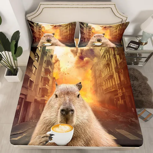 Miniatura 16 de Sábana bajera ajustable de Capybara de dibujos animados tamaño individual para niños, bonito juego de cama de Capybaras marrón para niños y niñas
