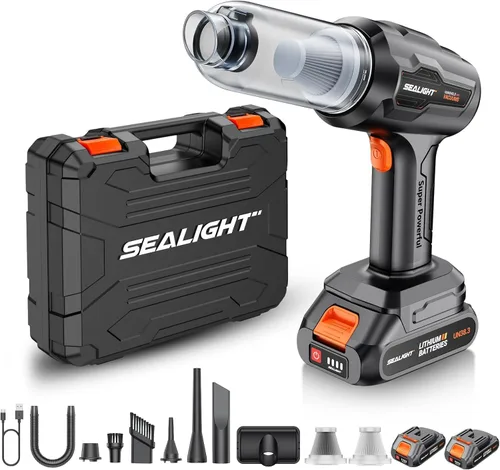 SEALIGHT - Mini aspiradora de mano inalámbrica para automóvil, con succión de alta potencia de 21000 Pa, dos baterías de larga duración, 18 V/120 W