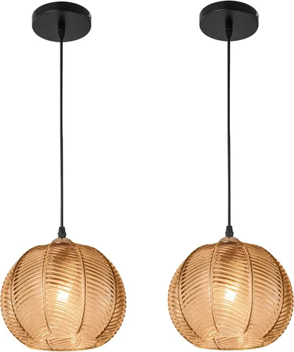 Miniatura 31 de Lámparas colgantes de esquina vintage para sala de estar, lámpara colgante de vidrio acanalado ámbar con cable enchufable, lámpara colgante bohemia