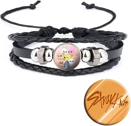 NC Stray Kids SKZOO - Pulsera de cuero tejida con personaje + llavero insignia (2 piezas) skz Fans Collection