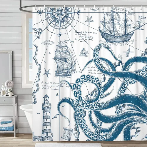 Miniatura 14 de Octopus Decor - Cortina de ducha para caravana, remolque, baño, divertido juego de cortinas de ducha pequeñas y estrechas de tela en blanco y negro