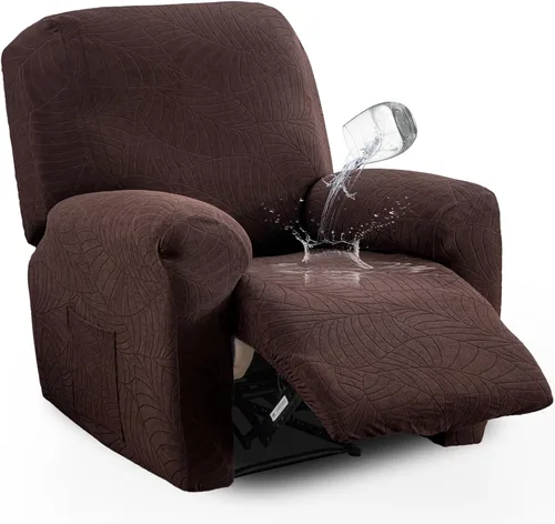 Miniatura 30 de vctops Funda repelente al agua para silla reclinable de 4 piezas con bolsillo lateral, diseño de hojas de jacquard, elástica, suave, protector