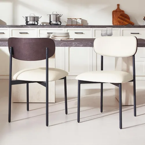 Miniatura 9 de GrandNoor Juego de 2 sillas de comedor de cuero sintético marrón, silla de cocina tapizada sin brazos, silla moderna de comedor con respaldo curvo