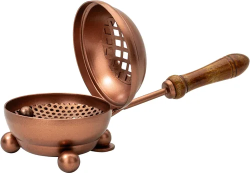 Miniatura 7 de Quemador de incienso de hierro negro con mango de madera y tapa plegable, incensario prémium de 4.72 pulgadas (diámetro) para quemar incienso