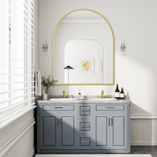 Miniatura 14 de BEAUTYPEAK Espejo de baño de arco de 20 x 30 pulgadas, espejo de pared con marco de metal para dormitorio, entrada, sala de estar, plateado Plata