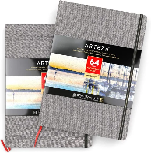 ARTEZA Libro de acuarela, paquete de 2, 64 páginas cada uno, diario de acuarela de 8.3 x 11.7 pulgadas, libro de acuarela de 110 libras/8.11 oz/m²