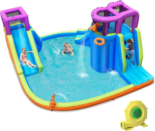 Miniatura 9 de BOUNTECH Parque acuático inflable de 15 x 14.5 pies, Mega tobogán acuático para niños al aire libre con toboganes dobles y escalada para diversión