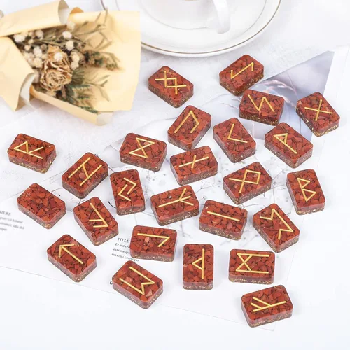 Miniatura 4 de mookaitedecor Juego de 25 piedras de runa de cristal de jaspe rojo, grabadas Golden Elder Futhark con símbolo del alfabeto, runas para adivinación