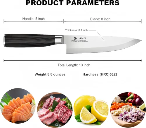 Miniatura 3 de imarku Cuchillo de chef profesional japonés de 8 pulgadas, cuchillo de pelar de acero inoxidable de alto carbono, mango ergonómico, afilado, borde