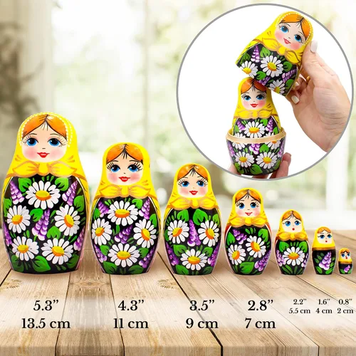 Miniatura 3 de AEVVV Juego de 7 muñecas rusas de Matryoshka - Muñecas rusas en vestido de Sarafan con manzanilla pintada a mano y flores lilas - Русские Матрески