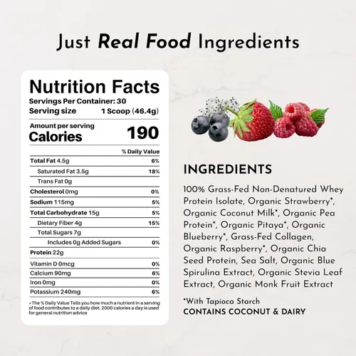 Miniatura 7 de JUST INGREDIENTS Mountain Berry Proteína en polvo, 30 porciones con suero de leche 100% alimentado con pasto y proteínas vegetales orgánicas, sabor