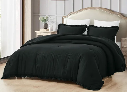 Chezmoi Collection Nora - Juego de edredón negro tamaño King de 3 piezas, esponjoso, suave, lavado a la piedra, con volantes, ropa de cama Shabby