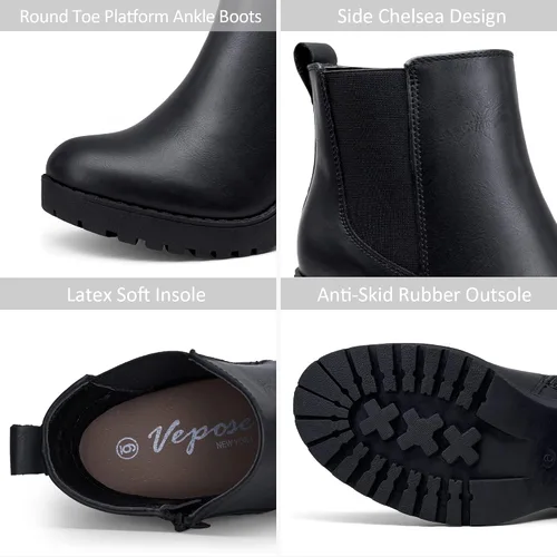 Miniatura 4 de Vepose Botines de moda para mujer tacón bajo grueso plataforma Chelsea para mujer