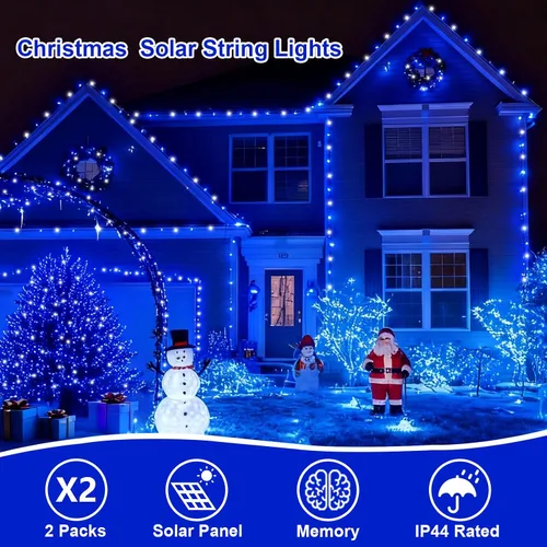 Miniatura 4 de QITONG Paquete de 2 luces solares azules y blancas de Navidad, cada cadena de 200 luces LED solares de 66 pies para exteriores, impermeable, 8 modos