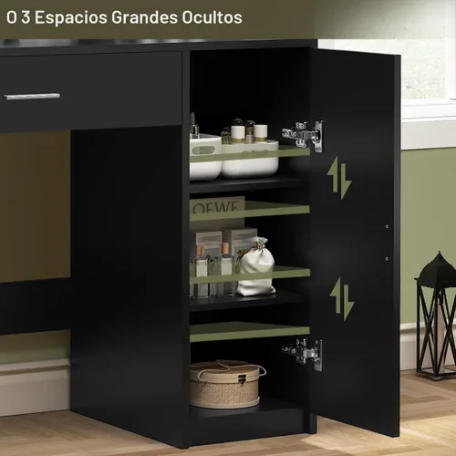 Miniatura 7 de Quimoo Escritorio de Tocador de Maquillaje con Espejo y Luces, Escritorio de Tocador con 5 Cajones y Estantes de Almacenamiento, Mesa de Tocador, 3