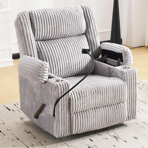 Miniatura 10 de Silla reclinable eléctrica de gran tamaño con masaje y calor, silla reclinable giratoria para adultos con almacenamiento de brazos, sillón Gris