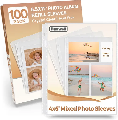 Dunwell Fundas de fotos para carpeta de 3 anillas, (formato mixto de 4 x 6, paquete de 100 unidades) para 600 imágenes, cada hoja de fotos tiene