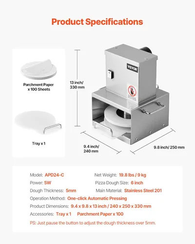 Miniatura 7 de VEVOR Máquina eléctrica de prensa de masa de pizza, placa de prensa de pastelería de pizza de 6 pulgadas, prensa de pan de acero inoxidable, máquina