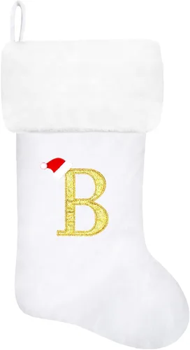 Miniatura 110 de Calcetines de Navidad bordados de 20 pulgadas con monograma, terciopelo negro con puño de felpa blanca supersuave, adornos clásicos para decoración