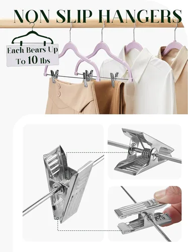 Miniatura 6 de Cozymood Perchas de terciopelo para faldas, paquete de 24, perchas moradas con clips, ultrafinas, antideslizantes, perchas para pantalones, ahorran