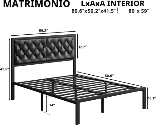 Miniatura 2 de Base de cama Fluest tamaño Queen con cabecero, base de cama tapizada en cuero PU, plataforma con soporte de listones metálicos, base de cama