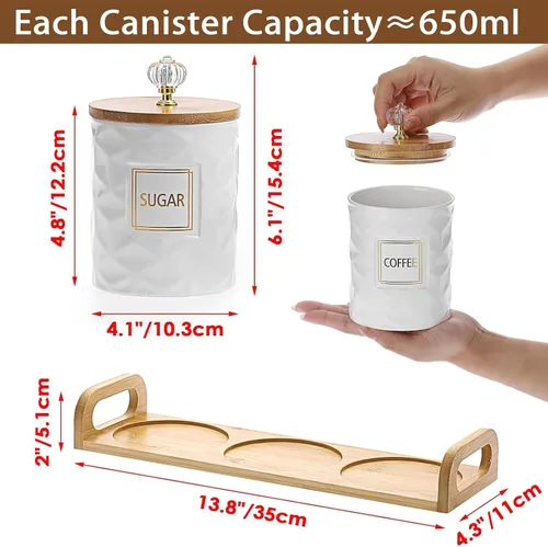 Miniatura 2 de JUXYES Juego de 3 Botes de Cerámica para Azúcar, Café, Té con Bandeja con Asa, Lujosos Juegos de Contenedores de Almacenamiento con Tapas, Frascos