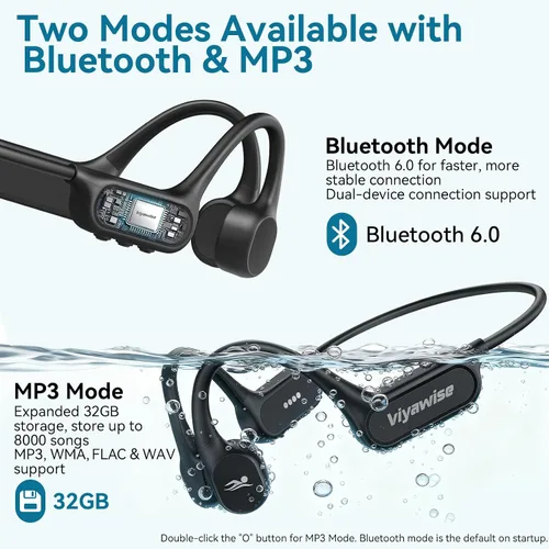 Miniatura 4 de B11 Auriculares de conducción ósea, IP68 impermeables para natación, 32 GB y Bluetooth 6.0 inalámbricos submarinos abiertos auriculares