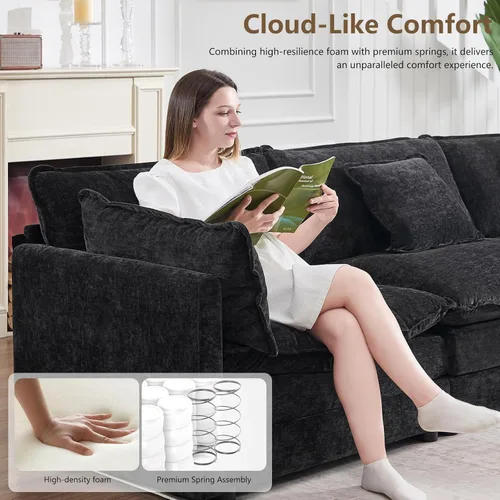 Miniatura 6 de Sofá modular Cloud seccional, moderno sofá modular en forma de L de felpilla con otomana y almohadas, sofás esquineros de asiento profundo de 5 Negro
