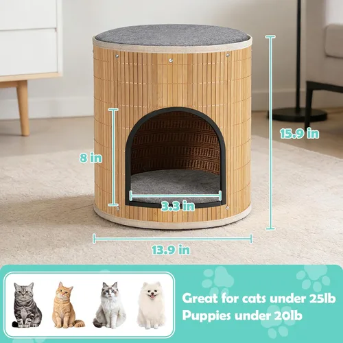 Miniatura 2 de Camas para gatos en casa, cueva de bambú tejida a mano, cubo para mascotas, casas grandes para gatos, 2 alfombrillas de cama, plegable, escondite