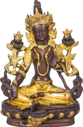 Miniatura 9 de Exotic India Tara verde, quien te salva (deidad budista tibetana) - Estatua de latón - Color increíble color negro verde dorado