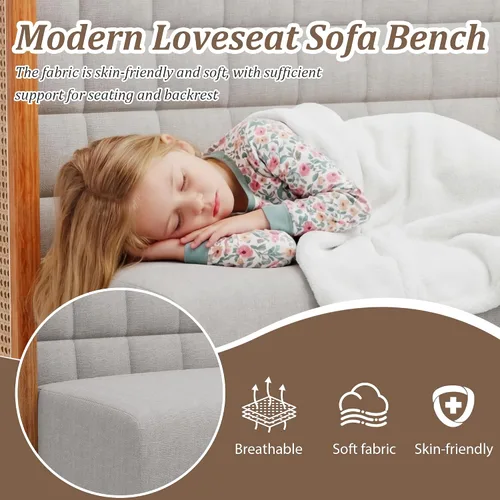 Miniatura 5 de Andeworld Banco de sofá biplaza con brazos de ratán, mini sofá tapizado moderno con respaldo alto, banco de comedor para banqueta para sala de Beige