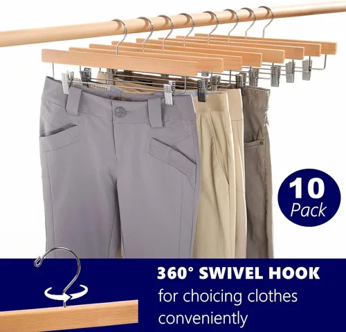 Miniatura 4 de Amber Home Paquete de 10 perchas de madera natural para pantalones con clips, perchas de madera para faldas de pantalones para jeans, pantalones