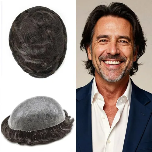 Miniatura 70 de Peluca completa de poliuretano para hombre, sistemas de reemplazo de cabello humano, piel fina y duradera, para hombre, prótesis de cabello