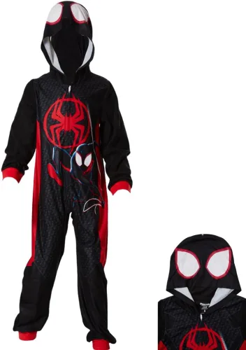 Marvel Pijama de Spiderman para niños, disfraz de Spiderman con capucha de Miles Morales o para dormir con cremallera frontal, tallas 4-10