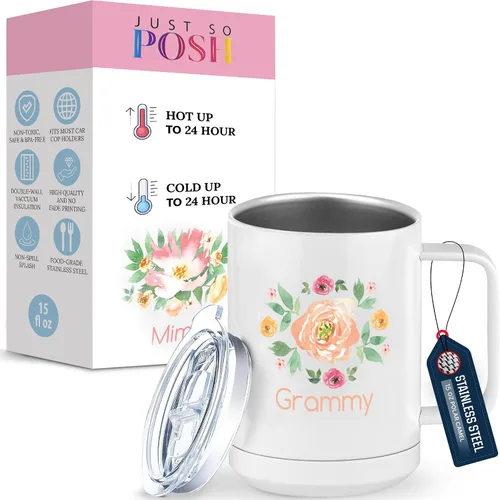 Miniatura 23 de Just So Posh Abuela Flowers - Vaso de café con asa y tapa deslizante, color blanco de 15 onzas, color camello polar, acero inoxidable, aislado al