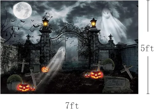 Miniatura 4 de MEHOFOND Fondo de fotografía de cementerio embrujado de Halloween de 7 x 5 pies, linterna gótica de fantasma, terror espeluznante, puerta