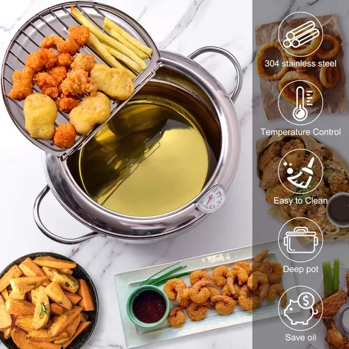 Miniatura 5 de cuomaop Kitchen Master Bundle: freidora de acero inoxidable de 9.4 pulgadas con medidor de temperatura + alfombrilla de secado de diatomita plegable