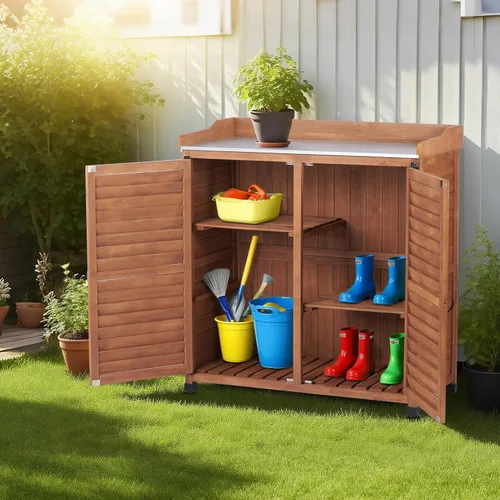 Miniatura 2 de Banco para macetas al aire libre con parte superior de trabajo de metal, gabinete de almacenamiento de jardín impermeable, estación de herramientas