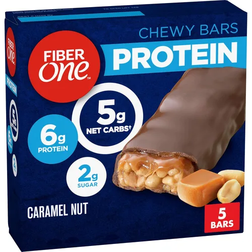 Barras proteínicas masticables Fiber One, nuez de caramelo, aperitivos proteínicos, 1.17 oz, 5 unidades
