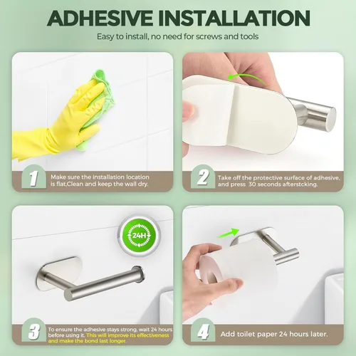 Miniatura 8 de Paquete de 2 soportes adhesivos para rollos de papel higiénico - Acero inoxidable SUS304 níquel cepillado, soporte para papel higiénico a prueba
